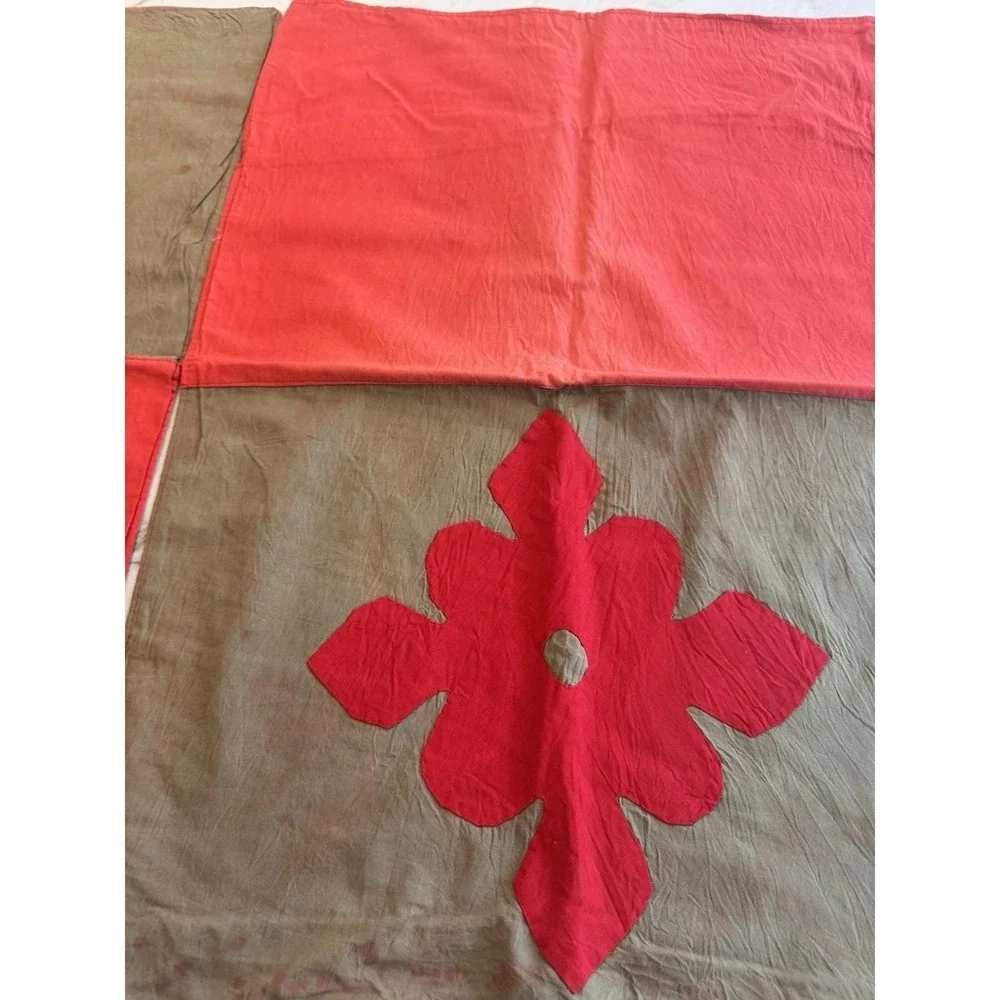 Handmade Hawaiian Applique Cotton Bedspread 2 Pillowcases Olive Coral Boho